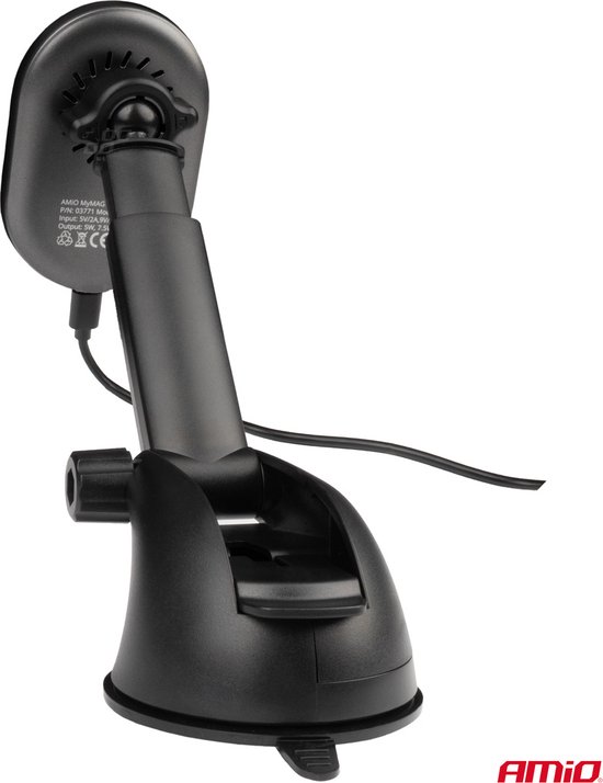 AMiO Magnetische Autohouder met 15W Qi Draadloze Oplader en MagSafe - Verstelbare Arm en Zuignap Zwart