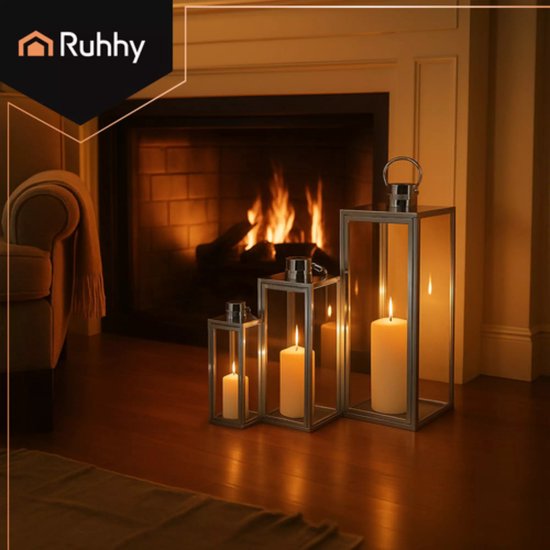 Ruhhy zilveren lantaarns set 38‑49‑63 cm – modern design, set van 3 – staal & glas zilver