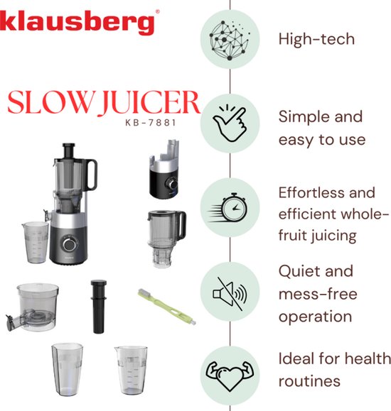 Klausberg KB-7881 Slowjuicer – Groenten- en Fruitpers | Cold Press | Brede XXL 113mm Invoer | RVS Behuizing | Stille Werking
