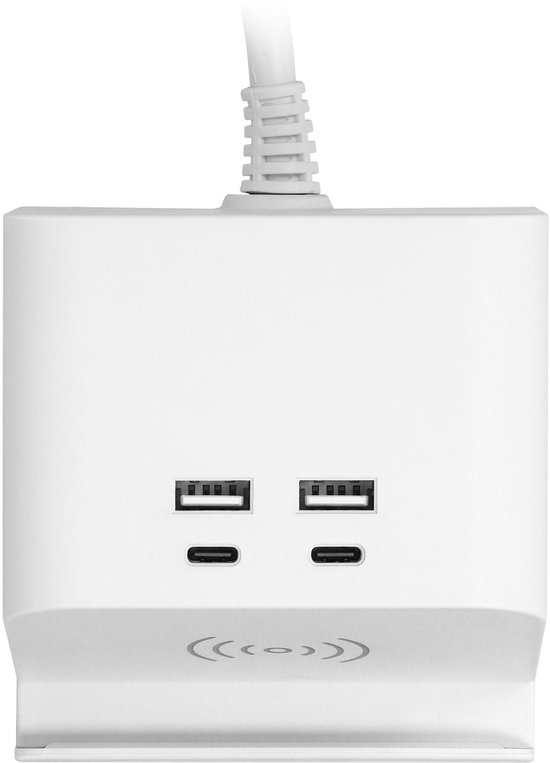 Bureau stekkerdoos met USB A & C en draadloze oplader - Verdeelstekker met kabel - Verdeeldoos met schroefklem - Stopcontact met splitter 2 voudig - Wit