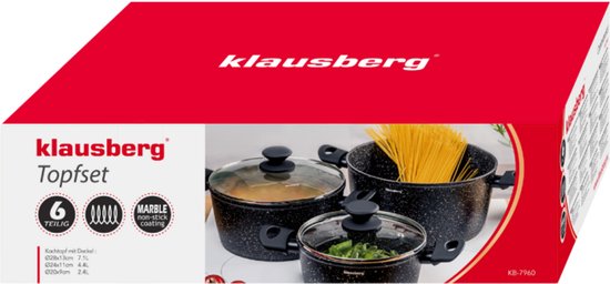 Klausberg KB-7960 Kookpottenset – 3-delig – Marmer Antiaanbak – Inductie Geschikt – 20/24/28 cm – Inclusief Glazen Deksel
