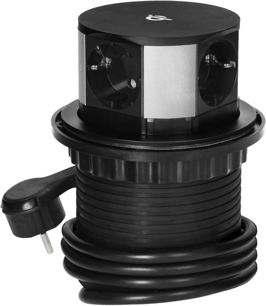 Pop-up stekkerdoos met Qi draadloze oplader - 3 Stopcontacten - USB-A+C - Quickcharge 3.0