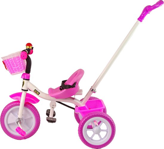 Driewieler - met duwstang en fietsmandje- 95x48x90cm - roze