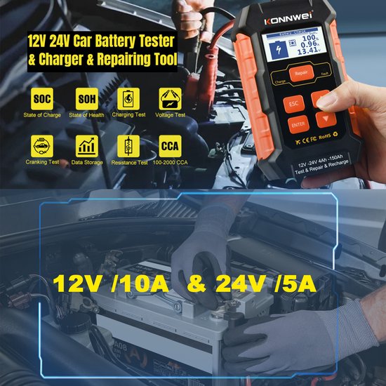Accutester voor diverse Accu's - 12 en 24V - AGM, EFB, Gel en Lood - Zwart