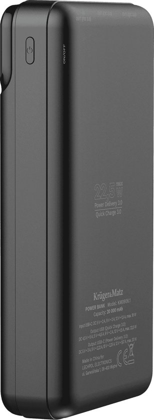Krüger&Matz Powerbank - 20000 mAh - 1x USB-A 1x USB-C - Quick Charge 3.0 - 20W - Zwart