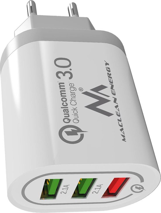Maclean Energy MCE479 W - Adapter oplader - Oplaadstekker - wit Qualcomm Quick Charge QC 3.0 - 3.6-6VV / 3A, 6-9V / 2A, 9-12V / 1.5A en 2 stopcontacten 5V / 2.1A Wit