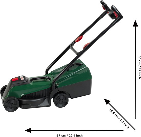 Klein Toys Bosch tuin grasmaaier - 57x19.5x56 cm - incl. verwijderbare grasvanger, licht- en geluidseffecten - groen rood