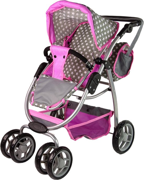 2-in-1 Poppenwagen met tas - Grijs, roze, wit met sterren - Kinderwagen en reiswieg voor poppen tot 40 cm - Geschikt vanaf 3 jaar