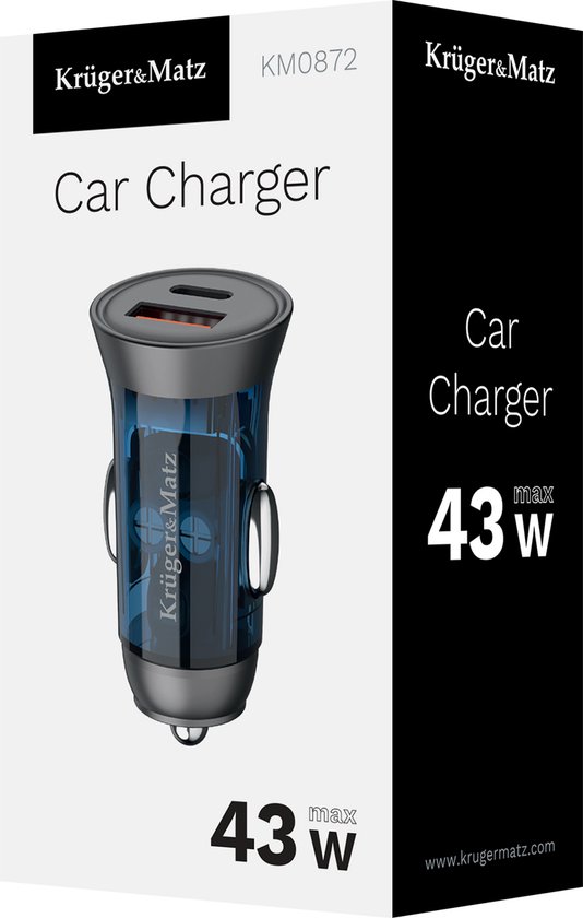 Krüger&Matz KM0872 - Autolader - USB A & USB C - 43W - Snel Opladen