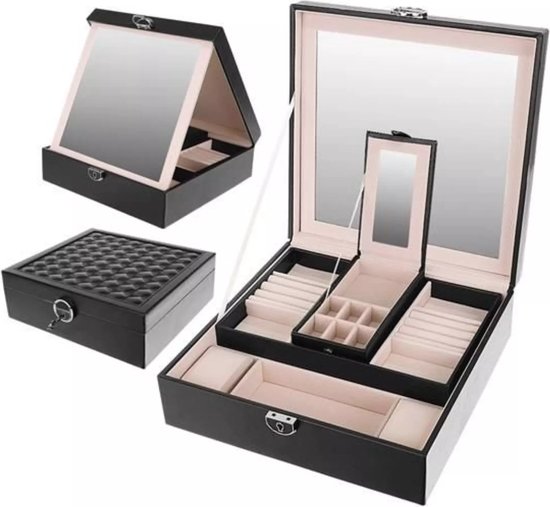 Beautylushh Sieradenkist - zwart - PU coating - 25 x 25 x 30 cm - sieradendoos - organizer - met sleutel