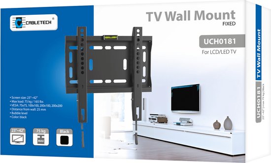 Cabletech Universele Televisie Muurbeugel voor LED LCD TV van 23 tot 42 Inch - Afstand tot de muur 25mm - Max Belastbaar Gewicht 50 kg - Platte Montage - Inclusief Waterpas