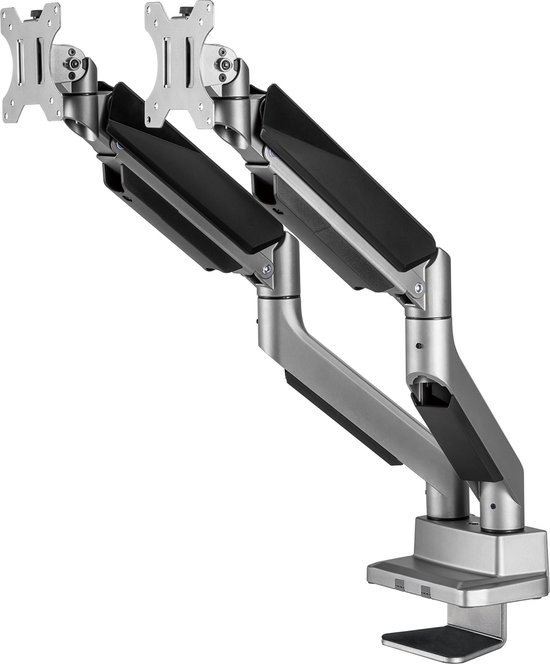 Ergo Office - 2-compartiment monitorhouder met gasveer | 17-35" - Draaibaar | Kantelbaar - In hoogte verstelbaar | Dubbele arm VESA 75x75 100x100