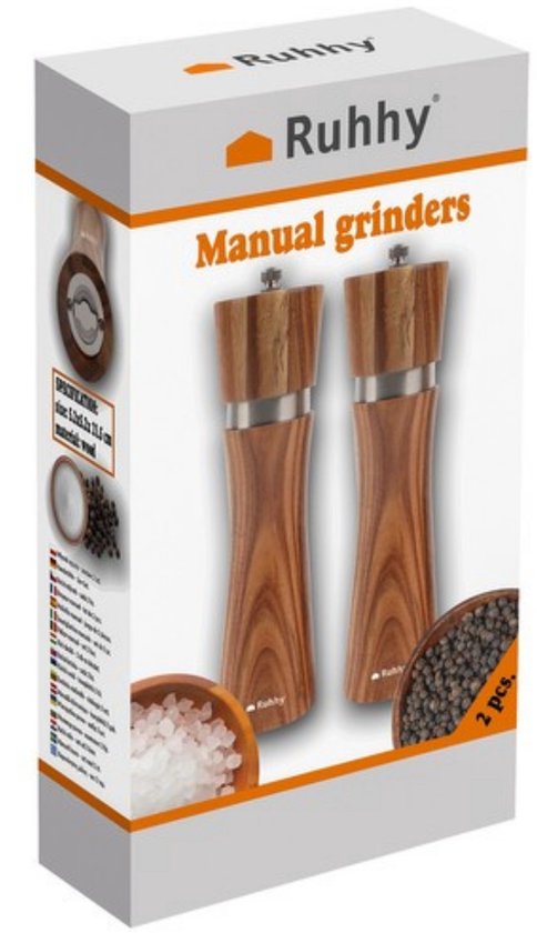 Ruhhy Zout- en pepermolen set - acacia hout - 21 x 6 cm - pepermolens en zoutmolens