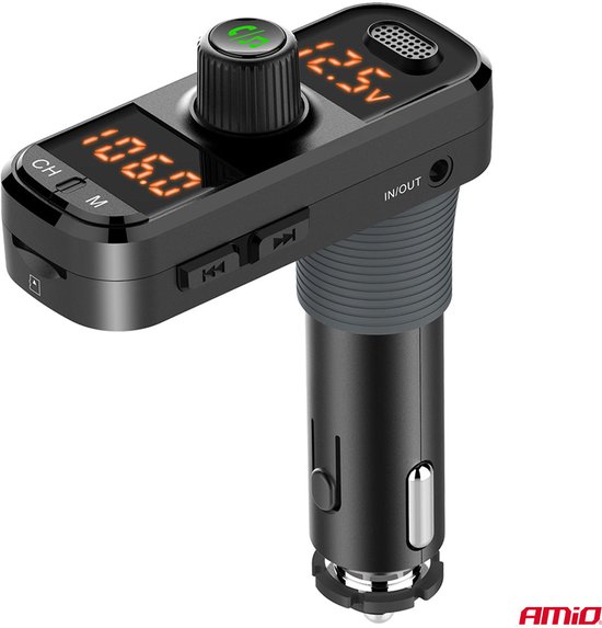 Car FM Transmitter 2×USB-A 1×USB-C microSD 12V 24V – Bluetooth, Hands-Free Bellen en L-vormige Behuizing