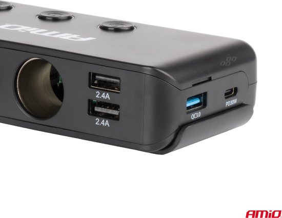 AMiO 3 Dubbele Sigarettenaansteker Plug Splitter met (3x USB-A & 1x USB-C) 12V/24V en Voltmeter Zwart