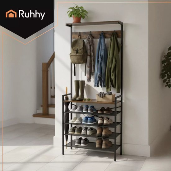 Ruhhy staande kapstok 189 cm – metalen frame met houten planken en 5 dubbele haken, industrieel ontwerp voor hal of kantoor