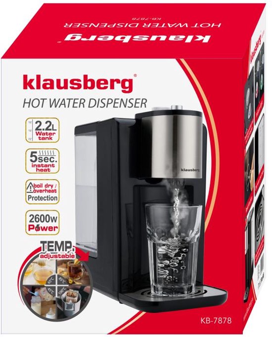 Klausberg KB7878 Hot Water Dispenser – 2,2 Liter – Temperatuurregeling (45-100°C) – Zwart & RVS – 2600W - Heetwaterdispenser