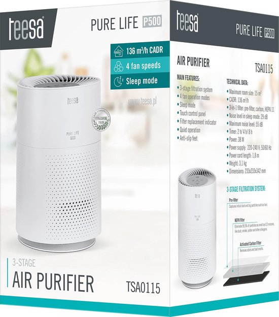 Teesa Luchtreiniger Pure Life P500 – HEPA Filter & Koolstoffilter – Luchtzuiveraar voor Slaapkamer, Woonkamer of Kantoor – Verwijdert Allergenen, Fijnstof, Geuren & Rook – Stil en Efficiënt