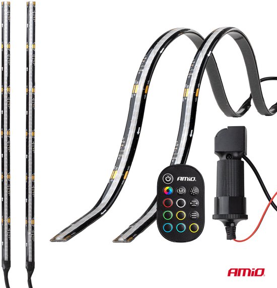 AMiO Flexible LED Strips RGB 12V – Set van 2x30cm met Afstandsbediening Controller – Decoratieve Interieur en Exterieur Verlichting voor Auto
