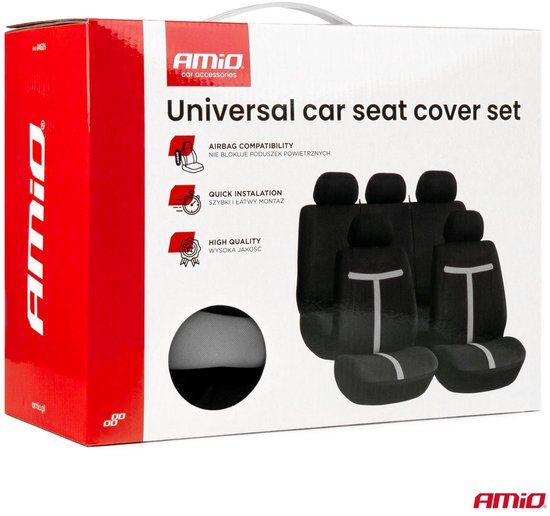 AMiO Universal Car Seat Cover Set SC-06 – 9-delige Stoelhoezen voor Voor- en Achterstoelen, Zwart en Grijs, Airbagveilig en Slijtvast