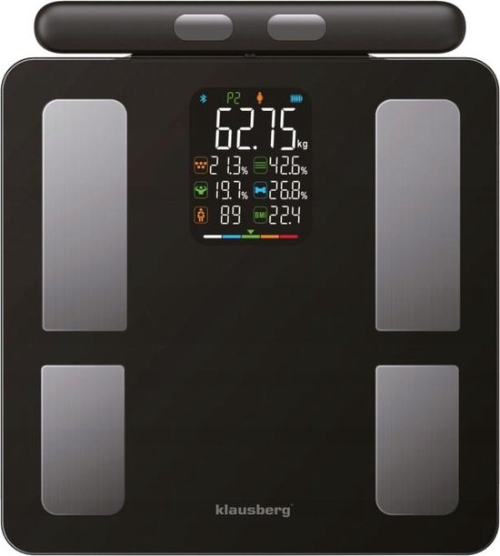 Klausberg 7856 - Slimme Bluetooth Personenweegschaal met Lichaamsanalyse en Handgreep – Gewicht, BMI, Vetpercentage, Spiermassa, Kleurendisplay - zwart