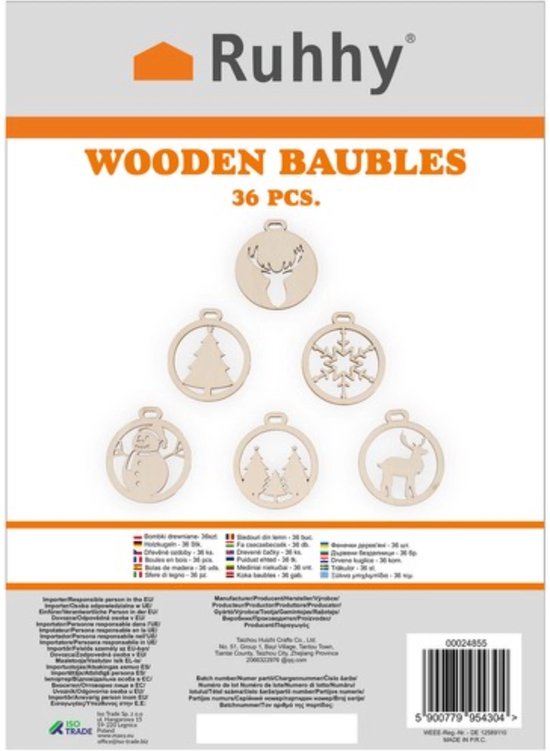 Ruhhy Houten Kerstballen – Set van 36 Stuks, Beige, DIY Decoratie – Perfect voor Kerstboom