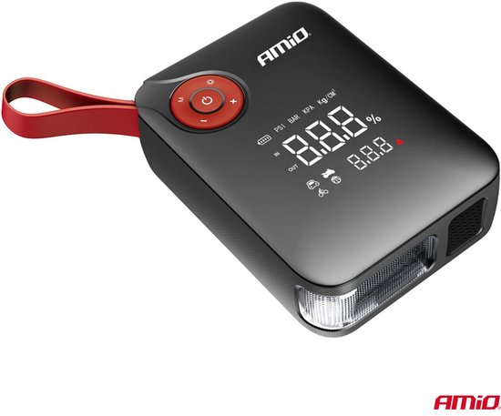 AMiO Portable Mini 4-in-1 Jump Starter – Powerbank 12V 600A met Air Compressor en LED Zaklamp – Draagbare Startbooster Auto – Smart Battery Booster