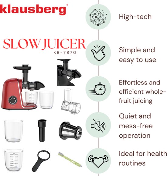 Klausberg Slowjuicer – 150W - 700ml - Groenten en Fruitpers – Met Pulpreservoir | Kersenrood | Juice Maker - Juicer met 7-Traps Perssysteem