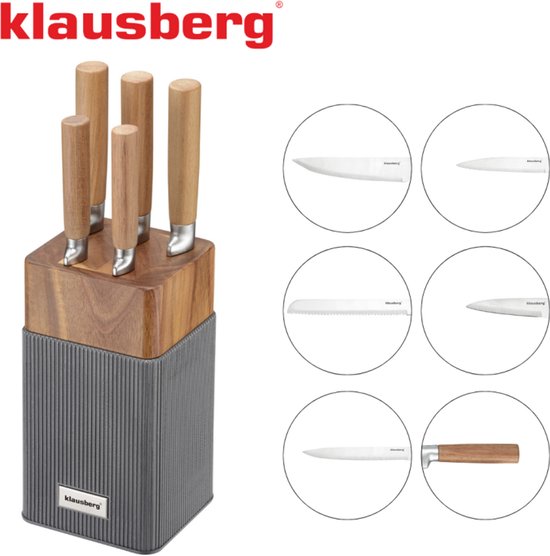 Klausberg KB-7983 6 Delig Messenset - 5 Messen met Acacia Houten Messenblok - Roestvrij Staal Keukenmessen Zwart - o.a. Broodmes , Vleesmes , Koksmes , Groentemes en Messenblok