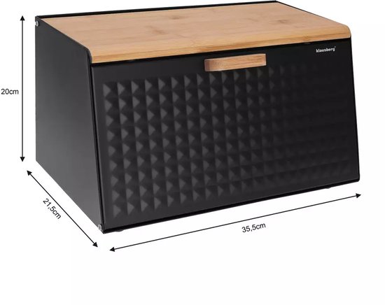 Broodbak van Staal en Bamboe - Zwart - 35,5 x 17(21,5) x 20 cm - Hygienisch en Ecologisch - Broodtrommel - Brooddoos