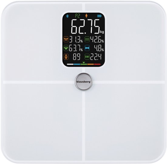 Klausberg KB-7941 Slimme Personenweegschaal – Wit – 180 kg – Lichaamsanalyse BIA – Bluetooth – Vetpercentage, Spiermassa & BMI – Tempered Glass