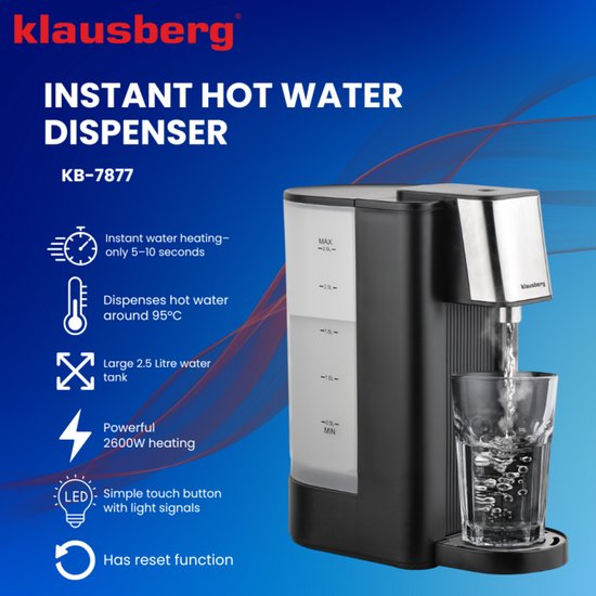 Klausberg KB7877 Hot Water Dispenser – 2,5 Liter – Zwart & RVS – 2600W – Direct kokend water in 5 seconden - Heetwaterdispenser - Waterkoker -