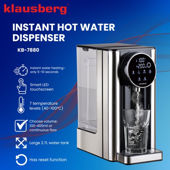 Klausberg KB7880 Hot Water Dispenser – 2,7 Liter – LED Touchbediening – Temperatuur- & Volumecontrole – 2600W - Heetwaterdispenser