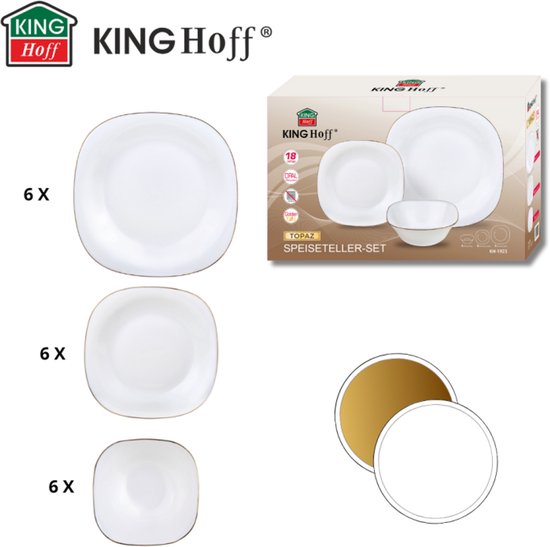 KingHoff Servies Set TOPAZ 18-delig - Wit Vierkant Bordenset met Gouden Rand - Servies voor 6 Personen - Geschikt voor de Vaatwasser