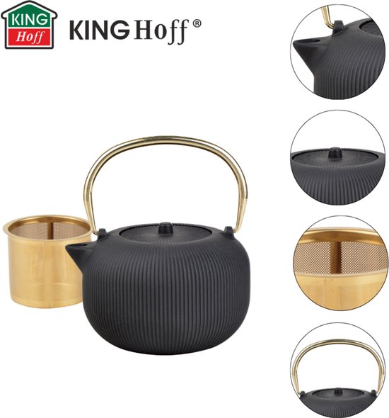 Kinghoff KH-1931 - Gietijzeren theepot - met zeef - geëmailleerde binnenkant - 1l - zwart met gouden handvat