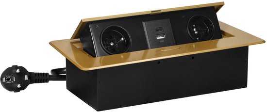 Bureau stekkerdoos met USB A&C - Pop up stekkerblok met 2 stopcontacten- Inbouw Verdeelstekker met RVS afwerking - Verdeeldoos met 1.5 meter kabel - voor max. 3680 Watt - Penaarde - Messing