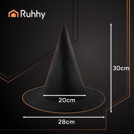 Ruhhy Zwarte heksenhoed klassiek Halloween kostuum accessoire met brede rand en spitse vorm