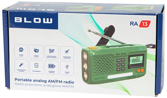 BLOW Noodradio Solar Opwindbaar - V2.0 - 2A 5V - Met Zaklamp + SOS-Signaal - Groen