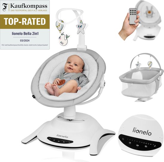 Lionelo Bella Set 2in1 – Wipstoel & Reiswieg – 360° Draaibare Zitting – Elektrische 6 Schommelstanden – 5 Snelheden – Rugleuning 3 Posities – Bewegingssensor – Nachtmodus – 12 Melodieën – Bamboe Kussen – Afstandsbediening – Wasbare Hoezen – Tot 9 kg