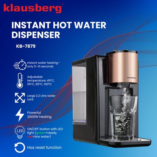 Klausberg KB7879 Hot Water Dispenser – 2,2 Liter – Temperatuurregeling (45-100°C) – Zwart & Rose Gold – 2600W - Heetwaterdispenser
