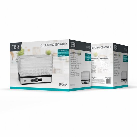 Teesa Voedsel Dehydrator 400W – 5 Transparante Droogrekken voor Paddenstoelen, Groenten & Fruit – Digitale Display met Thermostaat & Timer – Warme Lucht Circulatie – Efficiënte Voedsel Droger voor Thuis
