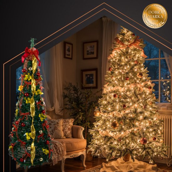 Ruhhy Kant en klare opvouwbare kerstboom 180 cm – met gouden linten en rode kerstballen