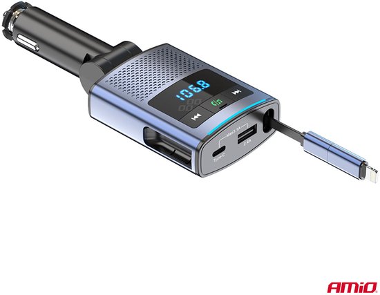 AMiO Car FM Transmitter – Bluetooth – USB-A en USB-C – Ingebouwde Uittrekbare USB-C Kabel – 12V/24V – Handsfree en Snelladen
