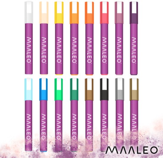 Maaleo Acrylmarkers Set 16 Kleuren – 8 ml, Sterke Dekking, Waterbestendig na Droging