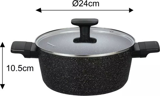 Klausberg 7830 - 12-delige Zwarte Pannenset - Compleet en Functioneel Kookgerei met Glazen Deksels