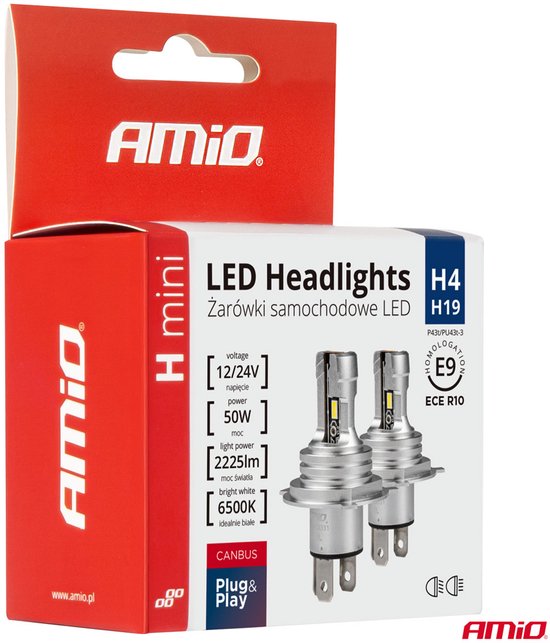 AMiO Dimlicht LED H4/H19 Mini 6500k Wit (set) 12v/24v [Witte koplampen - Witte Dimlichten]