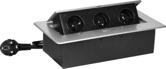 Stekkerdoos met 3 stopcontacten - Pop up stekkerblok met 1.5 meter kabel - Inbouw Verdeelstekker met RVS afwerking - Verdeeldoos 230 Volt - voor max. 3680 Watt - Penaarde - Zilver