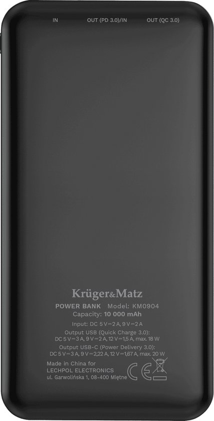 Krüger&Matz Powerbank - 10000 mAh - 1x USB-A 1x USB-C - Quick Charge 3.0 - 20W - Zwart