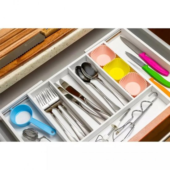 Kinghoff Bamboe Lade-organizer Wit - Uitschuifbaar (31-52 cm) - 7 Opbergvakken - Besteklade Opbergdoos - Natuurlijk Bamboe - Bestekla Organizer