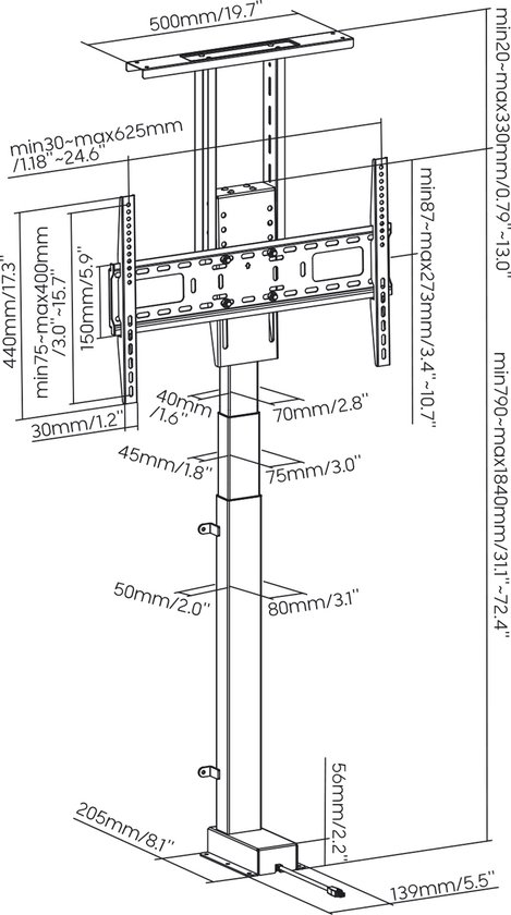 Maclean - TV-beugel - Elektrische uittrekbare bevestiging - 37''-80'', VESA 600x400, max 60kg, MC-866T